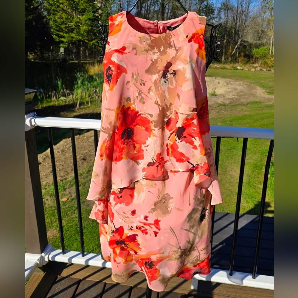 Lauren Ralph Lauren floral sleeveless dress, size 12, VGUC Peach Orange